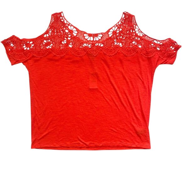 Express Womens Short Sleeve Shirt Crochet Cold Shoulder Pullover Orange, Size L - Picture 3 of 4